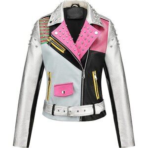 Womens Faux Leather Motorcycle Jacket Zip Up Stand Collar with Pockets Coat